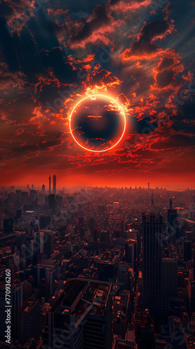 Spectacular astronomical event. Total solar eclipse over the city in an apocalyptic environment with thick, red-tinged clouds. Historical event.