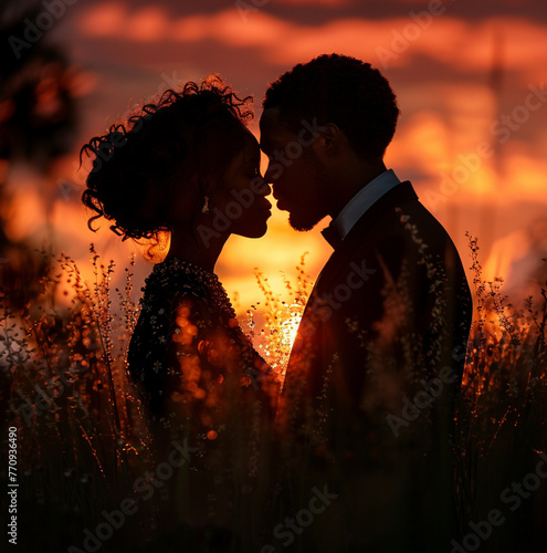 sunset silouette of an african man and woman kissing, black silouette