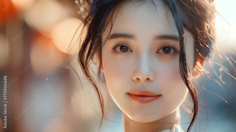 Young Asian beauty woman curly long hair with korean makeup style touch her face and perfect skin. Young Asian beauty woman curly long hair with korean makeup style touch her face and perfect skin.