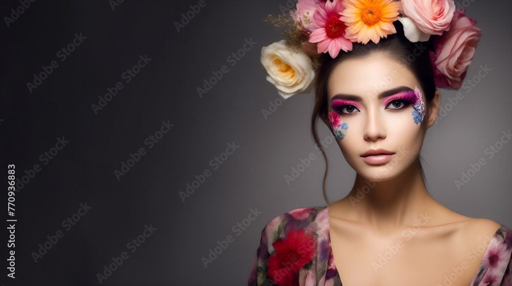 Celebrating Spring: woman with flowers headpiece. Lady with floral makeup. Copy space