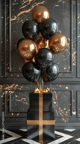 Black and Gold Balloons With Gift Box