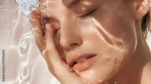 Young woman with clean skin and splash of water. Women for face wash product model, with hand on her face glowing, healthy skin.