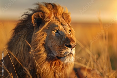 A majestic lion with a flowing mane surveys its golden savanna kingdom, sunlight glinting off its tawny fur photo