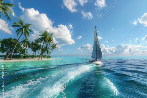 A lone sailboat cuts through the turquoise waters of a tropical lagoon, palm trees swaying gently on the shore
