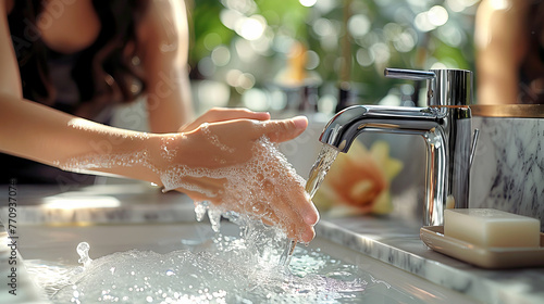 Close-Up of Hands Washing with Soap and Water at Sink, Hygiene and water saving concept