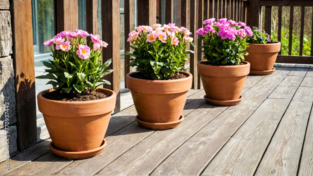 Potted flowers on old unpainted wooden floor, on veranda  in spring. Decorating house with colorful blooming decorative flowers. Copy space.