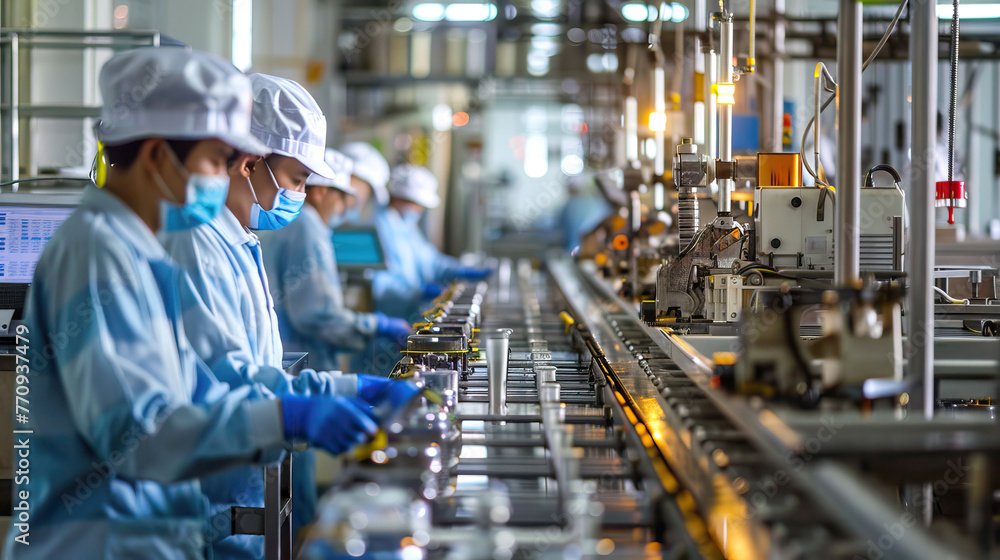 Industrial Workers wearing uniforms and mask Monitoring Production Line in Manufacturing factory Plant Industrial Workers wearing uniforms and mask Monitoring Production Line in Manufacturing factory Plant