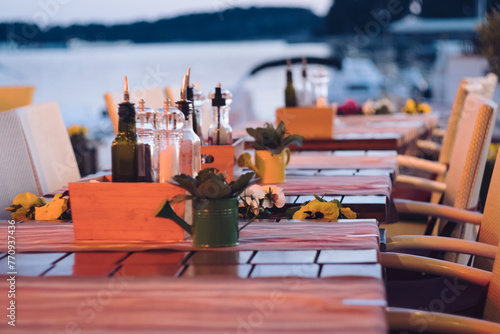 Romantic sunset beach - Beautiful cafe on the beach of Adriatic sea coast Croatia in historic city Rovinj Croatia Istria
