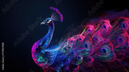 Abstract 3d colorful hologram peacock bird drawing in dark background. AI generated