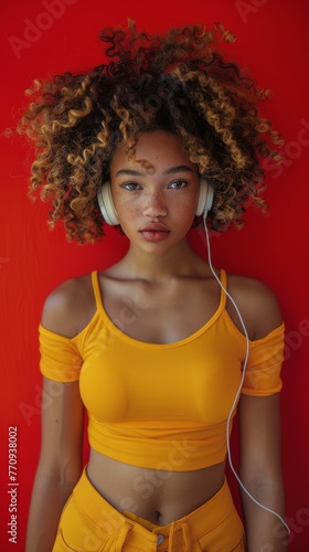 Woman With Headphones in Front of Red Wall