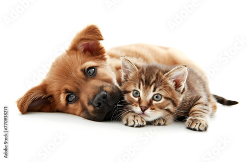 a puppy and a kitten lying on a white background a in e670f5ed-f998-46e5-a127-53e4a87f5a8f 3 photo