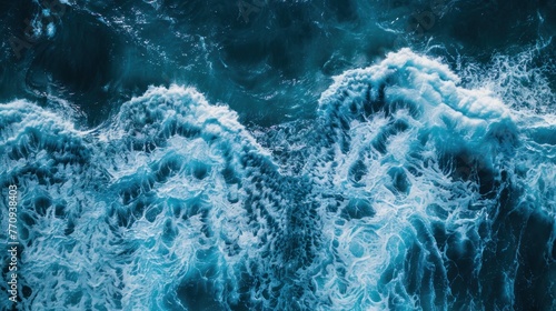 Aerial view of blue sea waves texture background. AI generated image
