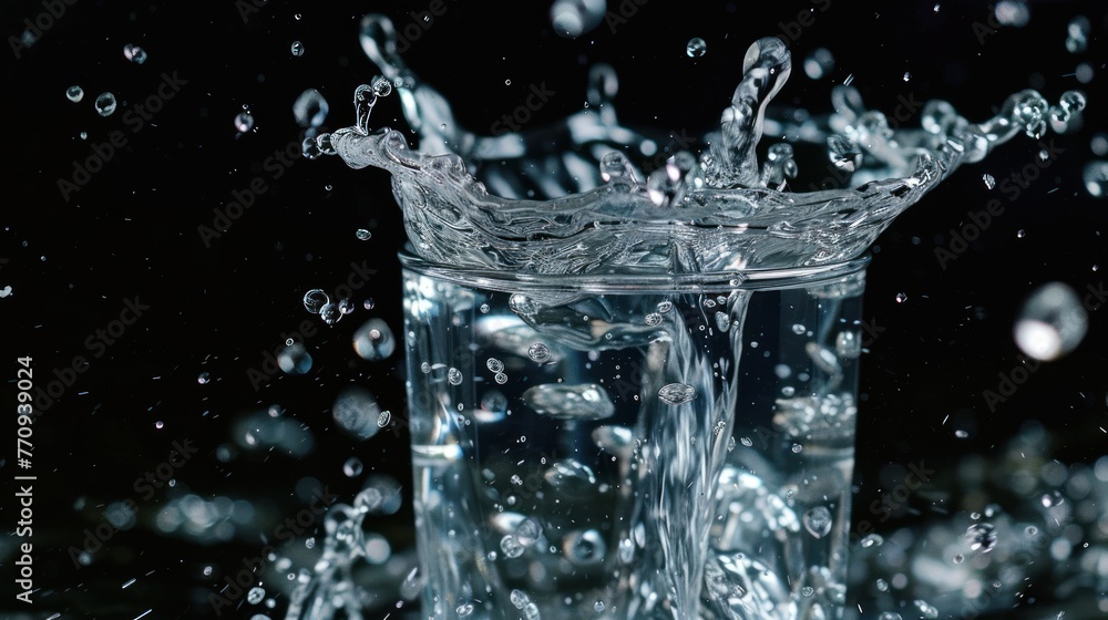 Transparent pure water splashes out of glass on black background. AI generated image Transparent pure water splashes out of glass on black background. AI generated image