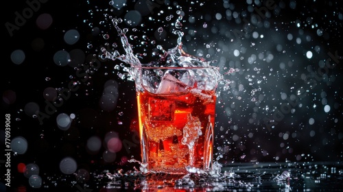 Red water drink splashes out of transparent glass on black background. AI generated image photo