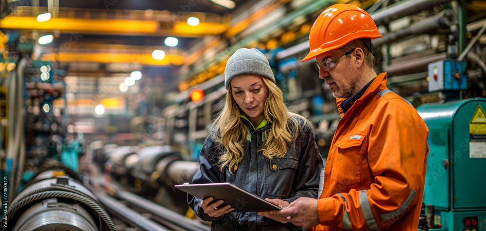 Fototapeta premium Industrial Workers Evaluating Machinery Using Tablet