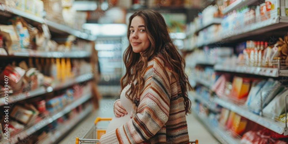 A pregnant woman buys groceries in a store.