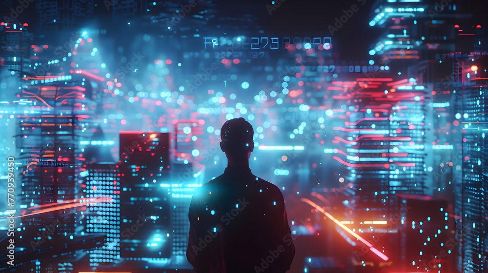 A man stands in front of the silhouette city, surrounded by glowing digital data and code symbols. The background is filled with holographic skyscrapers, creating an immersive futuristic atmosphere