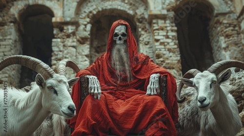 Man in Red Robe Sitting With Goats
