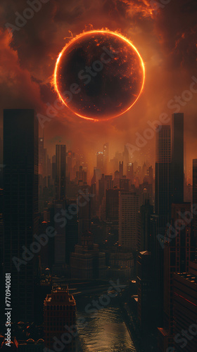 Spectacular astronomical event. Total solar eclipse over the city in an apocalyptic environment with thick, red-tinged clouds that are reflected by the river. Historical event. Copy Space