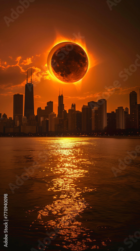 Spectacular astronomical event. Total solar eclipse over the city in an apocalyptic environment with thick, red-tinged clouds that are reflected by the river. Historical event. Copy Space