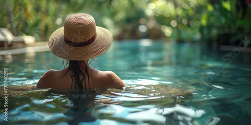 Young woman enjoying a relaxing summer holiday by the pool, basking in the sun. © Iryna