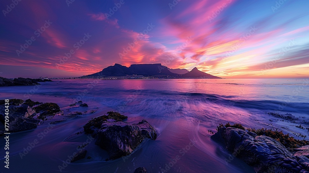 Fototapeta premium Cape Town under Table Mountain, sunset colors, wide view for a stunning wallpaper , photographic style