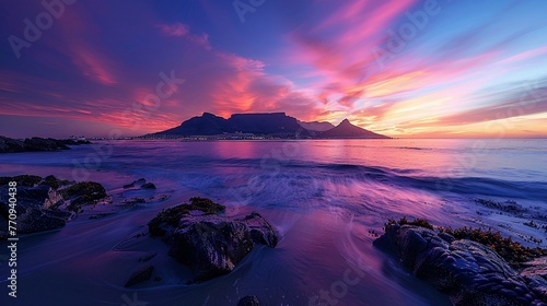 Cape Town under Table Mountain, sunset colors, wide view for a stunning wallpaper , photographic style