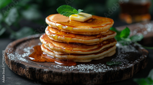 A close-up of a stack of fluffy pancakes drenched in warm maple syrup, with a pat of melting butter on top, served on a rustic wooden plate with a sprig of fresh mint for garnish.
