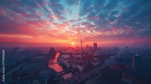 Dawn breaks over Berlin, soft pastels, wide angle for a peaceful city skyline wallpaper , photographic style
