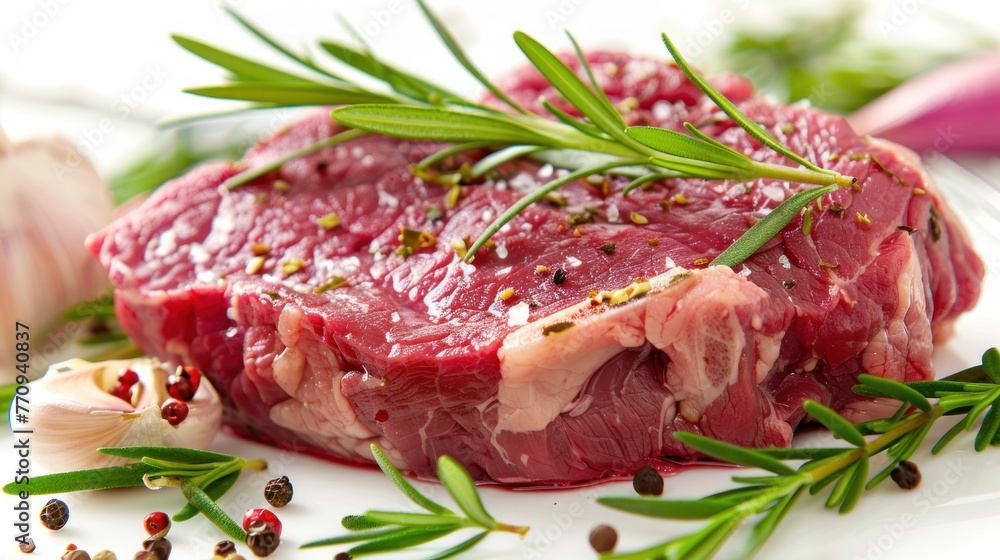 Fresh red raw rib eye beef steak with rosemary leaves. AI generated image Fresh red raw rib eye beef steak with rosemary leaves. AI generated image