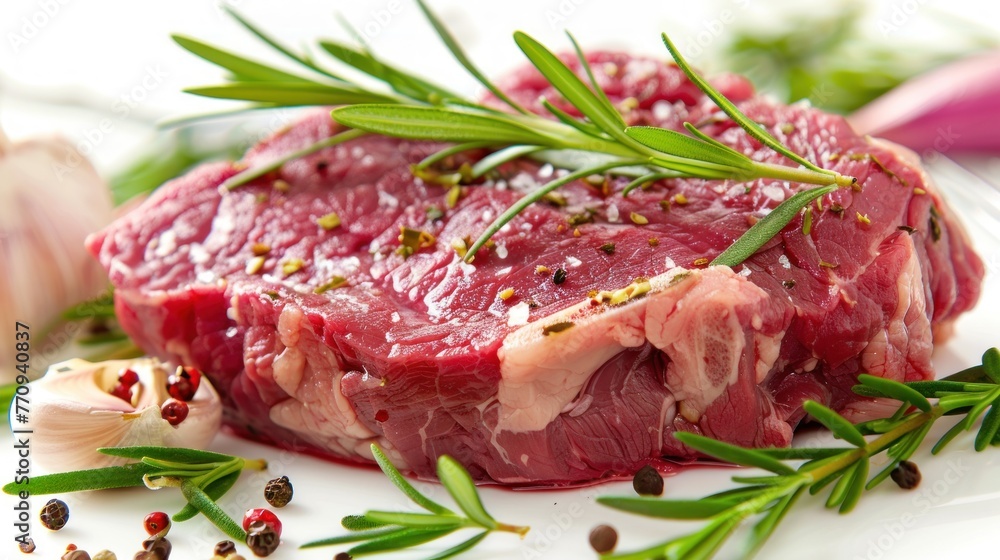 Fresh red raw rib eye beef steak with rosemary leaves. AI generated image