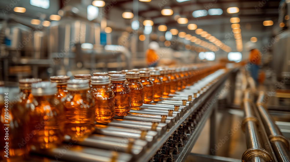 A maple syrup bottling facility in operation, with stainless steel vats filled with freshly boiled syrup, conveyor belts transporting bottles to be filled and capped, and workers i