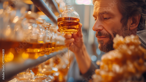 A maple syrup connoisseur conducting a tasting session, swirling a sample of syrup in a glass to appreciate its aroma and flavor profile, with notes of caramel, vanilla, and hints photo