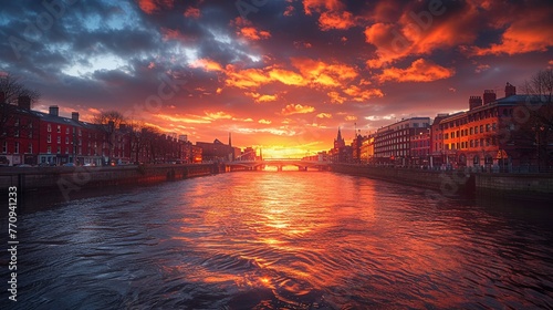 Dublins River Liffey at sunset, historic bridges, wide angle, golden light for cozy wallpaper , photographic style © NatthyDesign