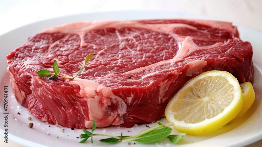 Fresh red raw rib eye beef steak with rosemary leaves. AI generated image Fresh red raw rib eye beef steak with rosemary leaves. AI generated image