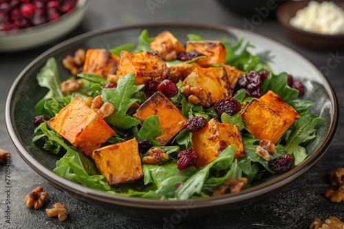 A salad with roasted sweet potato, feta, walnuts, cranberries on mixed greens on dark background