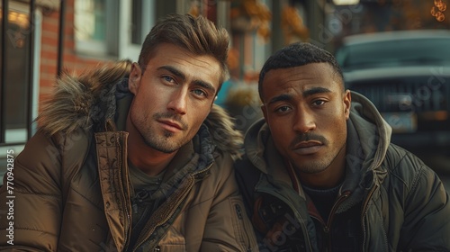 Two Men Sitting by Building