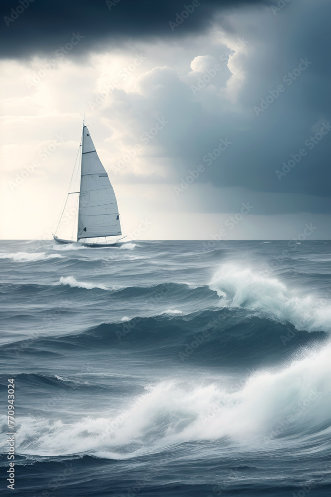 Sailboat in the sea with waves in cloudy weather, in gray tones