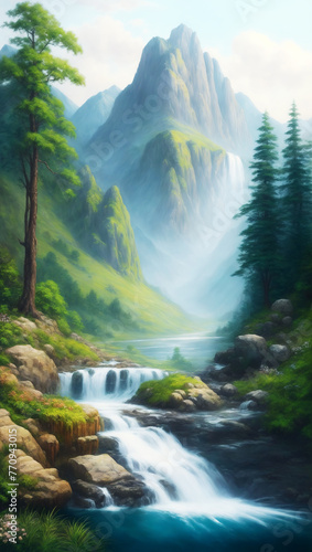 Mountain river against the backdrop of a tall mountain amidst thickets of trees on a sunny day