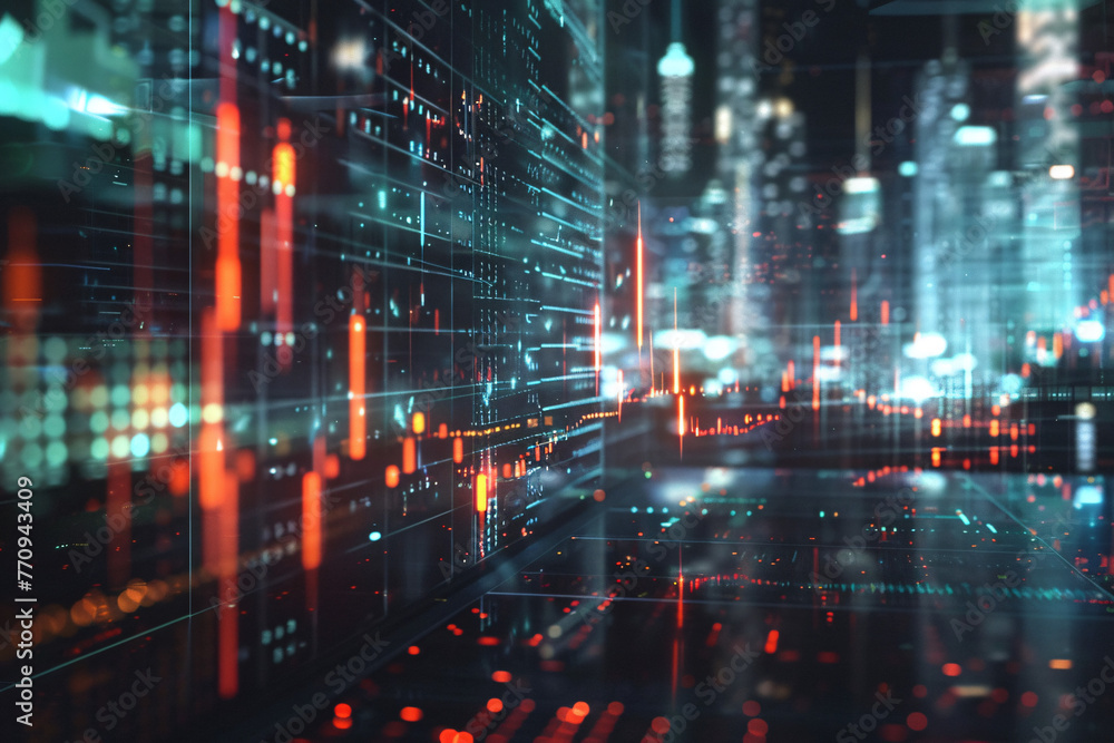 Blurred lights and digital data on a futuristic cityscape background