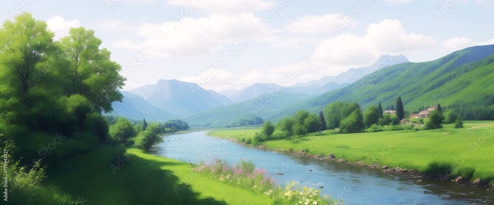 Summer landscape with green trees in the valley near the river against the backdrop of mountains on a sunny day