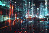 Blurred lights and digital data on a futuristic cityscape background