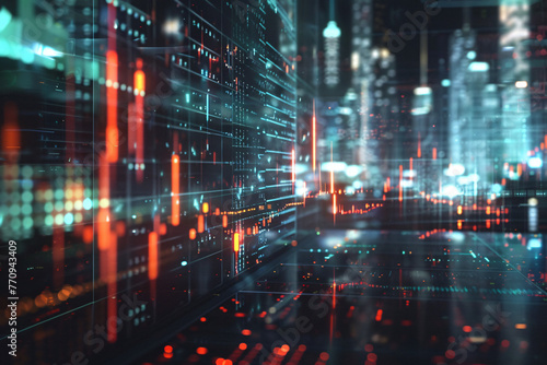Blurred lights and digital data on a futuristic cityscape background