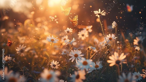 Fields of daisies illuminated by the warm glow of the sun, with butterflies dancing and flitting among the blossoms in a joyful celebration of nature.
