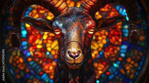 Goat With Large Horns Before Stained Glass Window