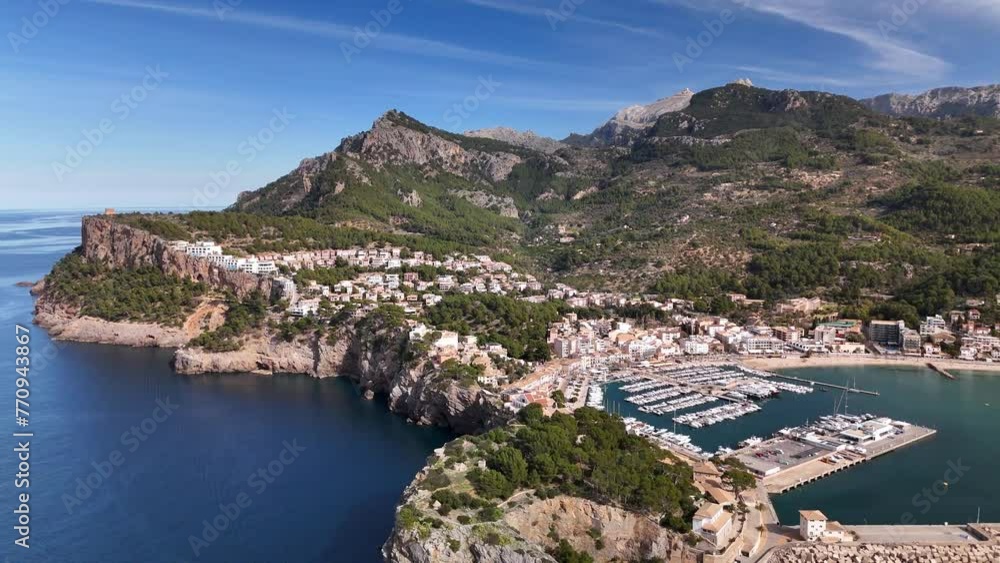 An aerial drone view of Port de Soller in Mallorca An aerial drone view of Port de Soller in Mallorca