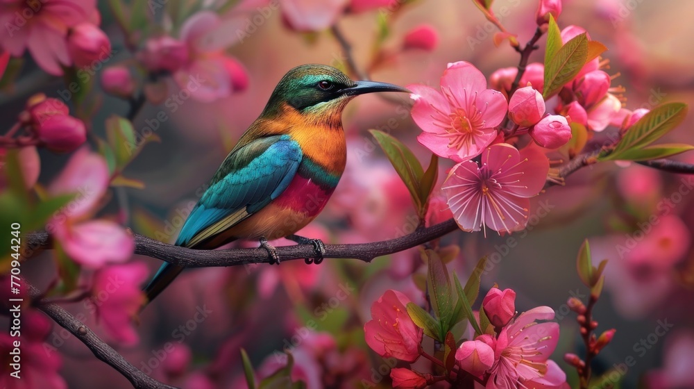 A colorful bird rest on branch of tree full of pink flowers. AI generated image