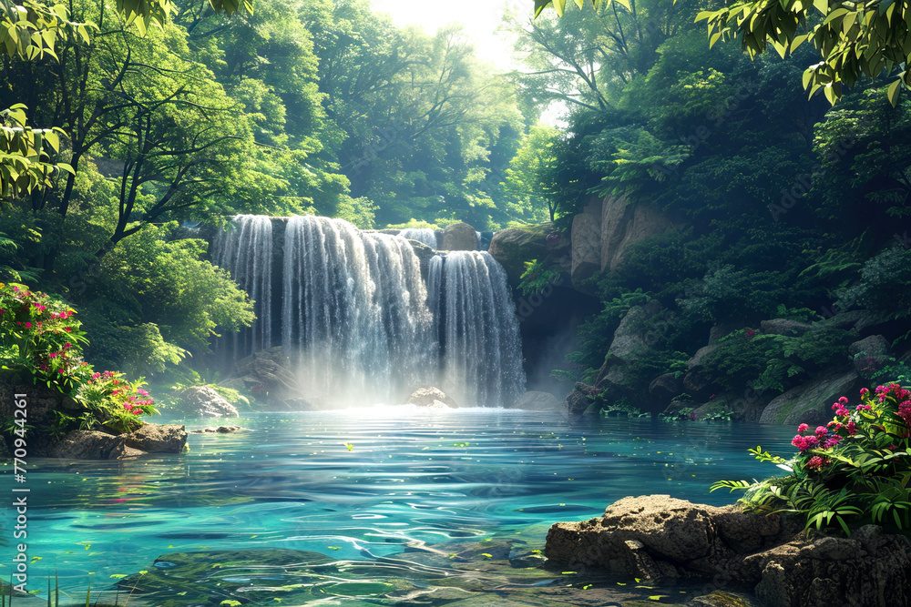 Tropical landscape with rocks and waterfalls in the middle of greenery on a sunny day