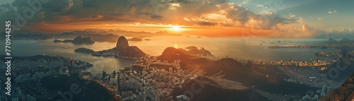 Rio de Janeiro, golden hour, iconic mountains, wide angle for a breathtaking wallpaper , cinematic