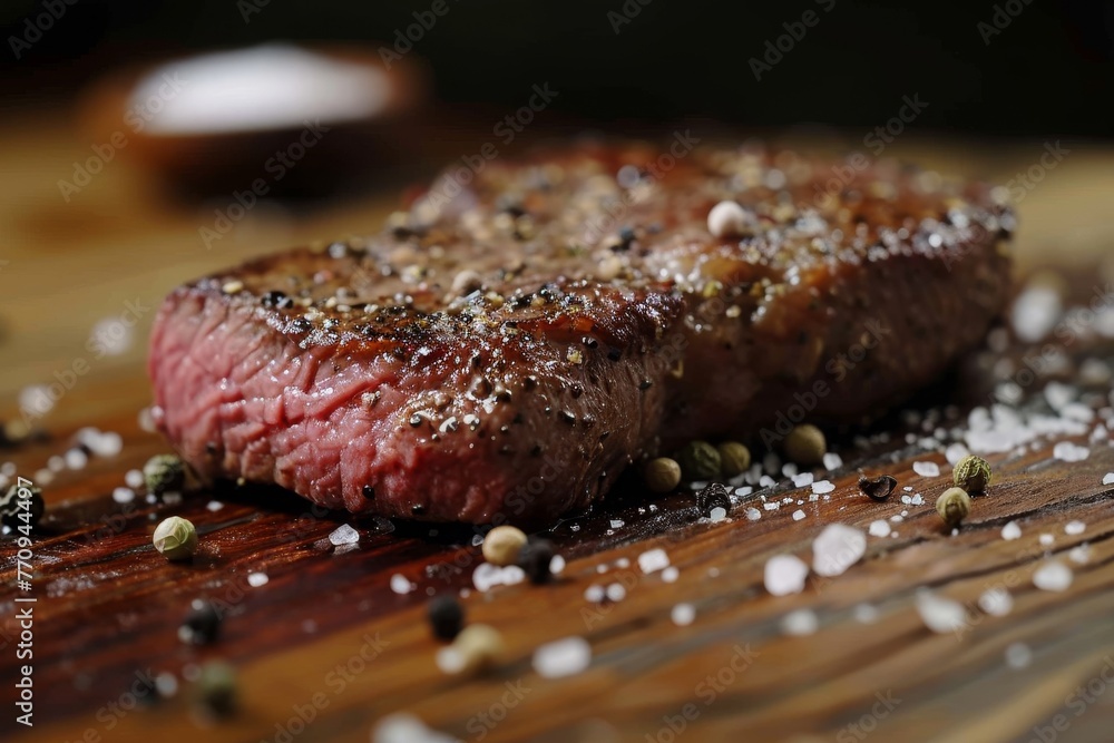 A delicious piece of steak displayed on a rustic wooden cutting board, ready to be cooked or served, A juicy New York Strip steak accompanied by a sprinkle of sea salt and pepper, AI Generated A delicious piece of steak displayed on a rustic wooden cutting board, ready to be cooked or served, A juicy New York Strip steak accompanied by a sprinkle of sea salt and pepper, AI Generated